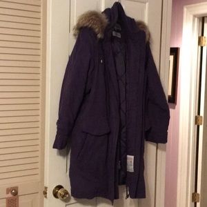 EUC, Bloomingdale’s Thermal Coat, Purple,Hooded and Trim,Size 1X, Good Warm Coat